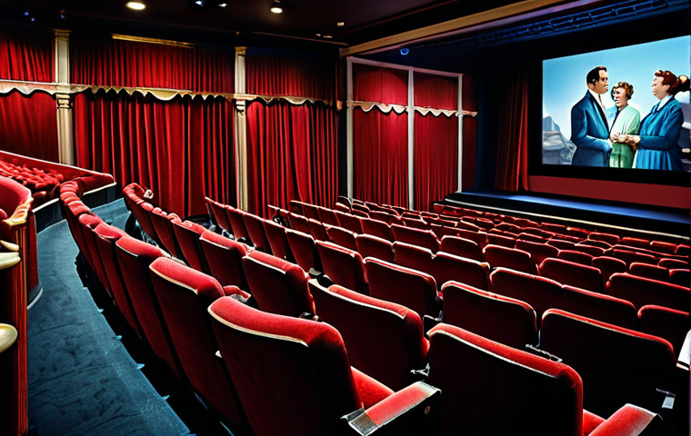 A Classic Movie Theater Experience**

"A vintage movie theater interior, showcasing plush red seats and a large screen illuminating a classic film scene. Patrons are enjoying the show, fully clothed in appropriate attire. The scene evokes a sense of nostalgia and cinematic magic. Safe for work, appropriate content, professional setting, perfect anatomy, well-formed hands, family-friendly atmosphere."

**
