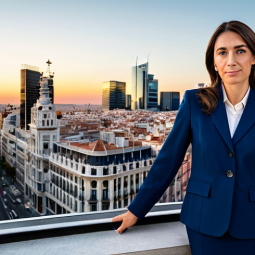 Home 8 **
A professional businesswoman in a modest, dark blue business suit, standing confidently in front of the Madrid skyline at sunset. Fully clothed, appropriate attire, safe for work, perfect anatomy, natural proportions, professional photography, high quality, family-friendly.
**