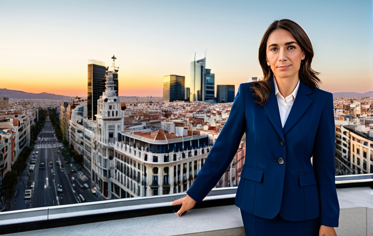 **

A professional businesswoman in a modest, dark blue business suit, standing confidently in front of the Madrid skyline at sunset. Fully clothed, appropriate attire, safe for work, perfect anatomy, natural proportions, professional photography, high quality, family-friendly.

**