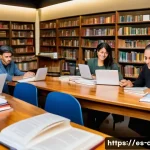 사전의 정확도 - A vibrant, modern library scene focused on a diverse group of Hispanic linguists and lexicographers ...