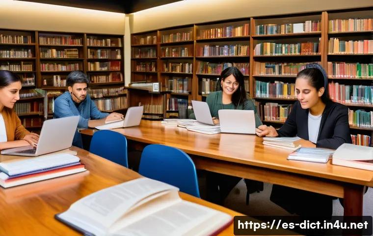 사전의 정확도 - A vibrant, modern library scene focused on a diverse group of Hispanic linguists and lexicographers ...