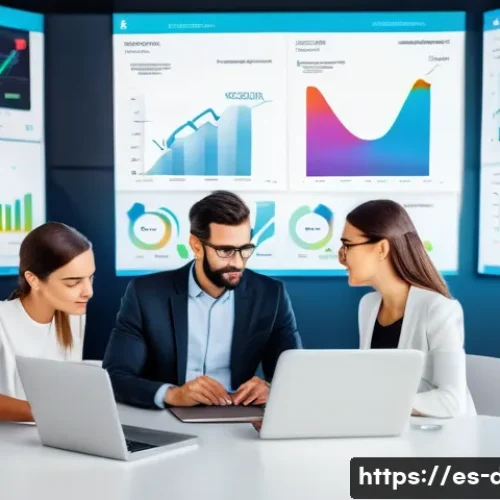 기술 용어집 - A modern digital workspace scene showing a diverse group of young Spanish-speaking professionals col...