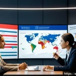 용어집 번역 - A modern international business meeting room scene showing a diverse team of professionals from diff...