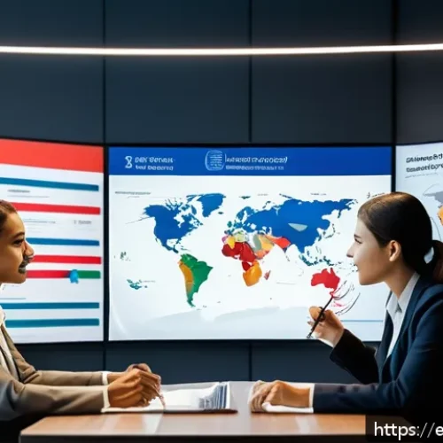 용어집 번역 - A modern international business meeting room scene showing a diverse team of professionals from diff...