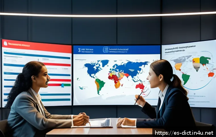 용어집 번역 - A modern international business meeting room scene showing a diverse team of professionals from diff...