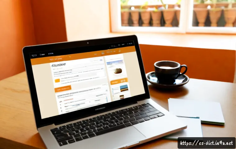 용어집 웹사이트 디자인 - Photorealistic modern workspace for a Spanish-language glossary website design concept, elegant lapt...